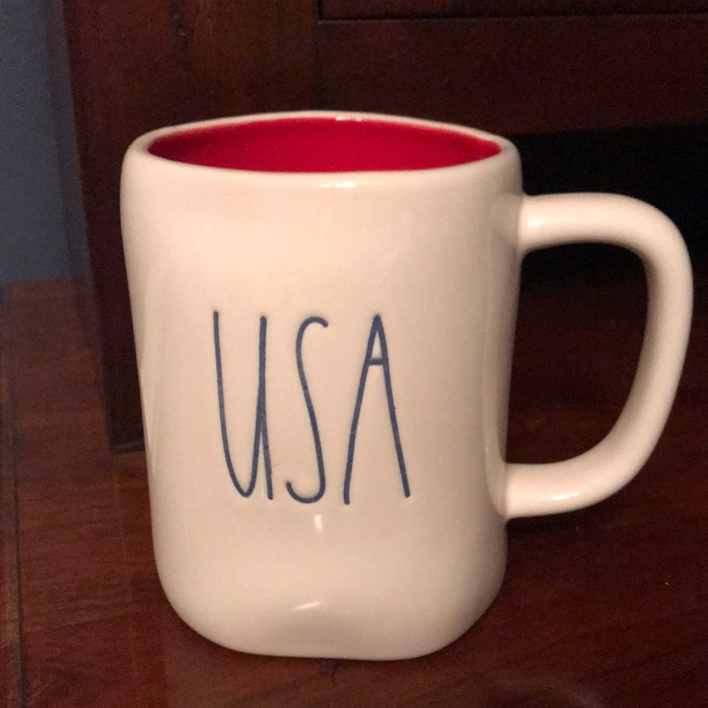 Rae Dunn USA Mug blue letters red interior glossy finish NWOT